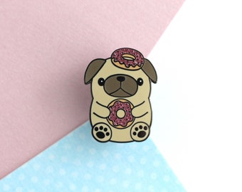 Donut Loving Pug Enamel Pin. Cute Dog Eating Donuts Enamel Pin. Puppy Pug Jacket or Backpack Pin