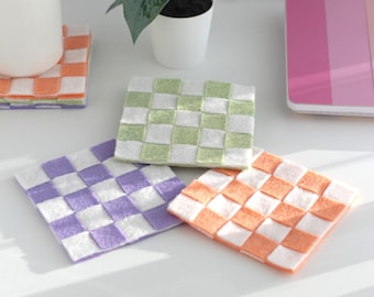 Felt Checkered Coasters. Non Slip, Soft and Absorbent Coaster. Square Colourful Coaster. Minimalist Decor. Drinkware Housewarming Gift