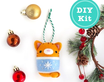 Needle Felting Kit: Orange Cat Ornament (Ginger Tabby). Cat Christmas Craft Kit. DIY Christmas Tree Ornament. Do It Yourself Craft Kit