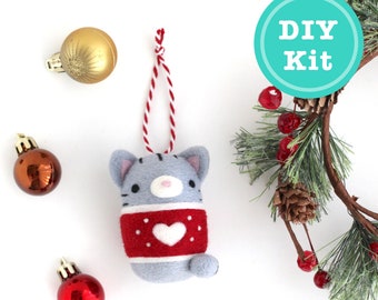 Needle Felting Kit: Grey Tabby Cat Ornament. Christmas Craft Kit. Christmas Wool Ornament. Do It Yourself Craft Kit. Cat Christmas DIY Craft