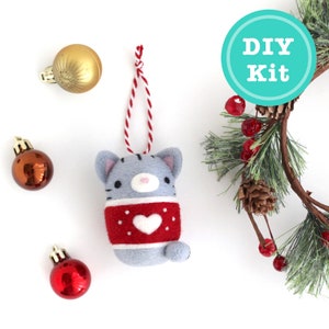 Needle Felting Kit: Grey Tabby Cat Ornament. Christmas Craft Kit. Christmas Wool Ornament. Do It Yourself Craft Kit. Cat Christmas DIY Craft