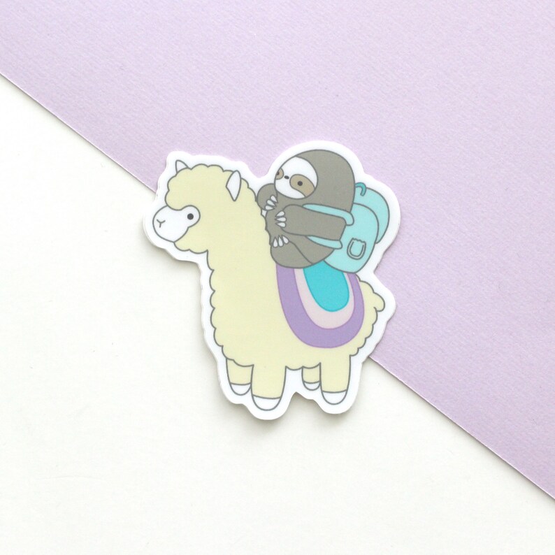 Vinyl sticker of a little sloth wearing a backpack riding an alpaca (or llama)