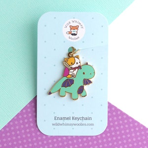 Cat and Dragon Enamel Keychain Turquoise. Orange and White Cat Knight Riding Cute Dragon Keychain image 3