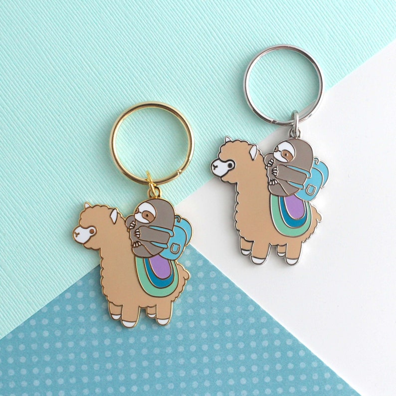 Two keychains of little grey sloths wearing a backpack and riding on top of a beige alpaca (or llama)