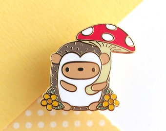 Hedgehog Enamel Pin. Hedgehog Holding Red Mushroom Umbrella Enamel Pin. Cottagecore Gift. Cute Woodland Animal
