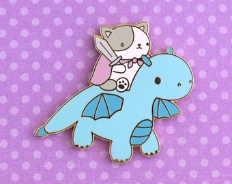Cat and Dragon Enamel Pin. Dinosaur Gift. Hard Enamel Pin. Cute Lapel Pin. Fantasy Gift. Cute Cat Enamel Pin. Jacket Badge. Backpack Pin