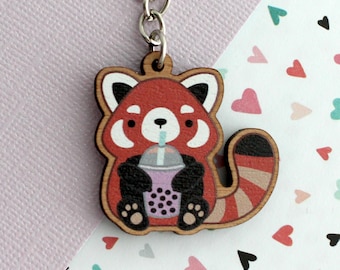 Red Panda Keychain. Wooden Panda Charm. Wood Animal Keychain. Wood Panda Accessory. Boba Tea Fashion. Panda Purse Charm. Bubble Tea Key Ring