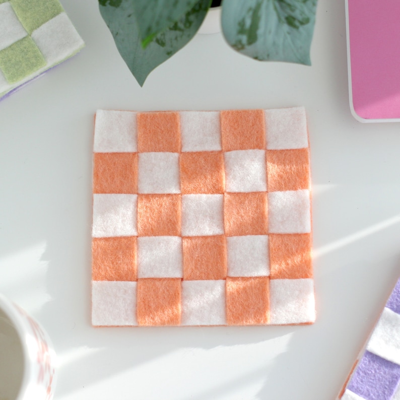 Orange and white square Felt Checkered Coaster