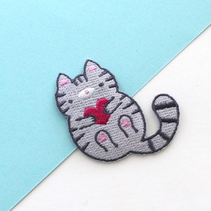 Grey Cat Patch. Tabby Cat Gift. Cute Iron On Patch for Jeans, Jackets. Embroidered Patch for Knapsack. Kitten Applique Patch. Animal Fashion