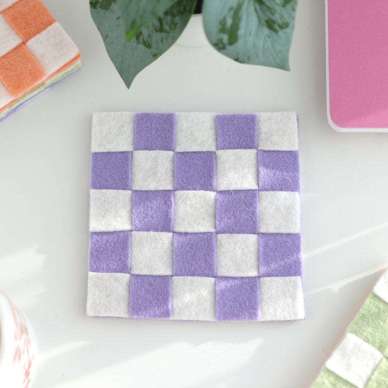 Purple and white square Felt Checkered Coaster