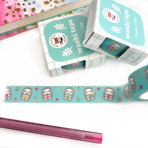 Green washi tape featuring fruits and cute sloth holding fruits