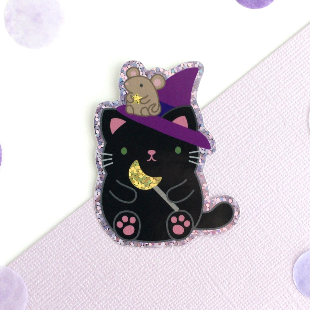 Halloween Black Cat Sticker. Halloween Cat Witch With Moon Wand and ...