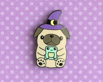 Wizard Pug Enamel Pin. Dog Lover Gift. Pug Pin. Halloween Gift. Wizard School Magic. Frog Pin. Puppy Pin. Cute Dog Pin. Spoopy Witchy Pin