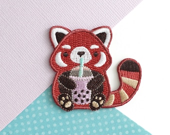 Bubble Tea Red Panda Iron On Patch. Red Panda drinking Boba Tea Embroidered Patch
