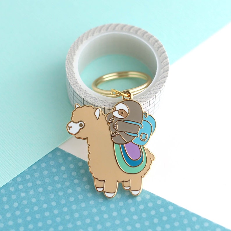 Sloth and Alpaca Adventurer Enamel Keychain. Llama and Sloth Friends Keychain Charm. Friendship Keychain. Alpaca Charm. Llama Keyring image 5