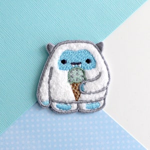 Yeti Chenille Iron On Patch. Yeti Eating Ice Cream Embroidered Patch. Yeti Monster Patch. Christmas Abominable Snowman. Cryptid Creature