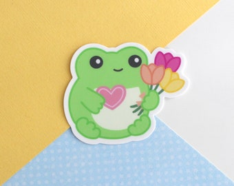 Frog Vinyl Sticker. Frog holding Flowers and a Heart. Waterproof Frog Sticker. Kawaii Green Frog with Tulips. Cute Colourful Animal Decal