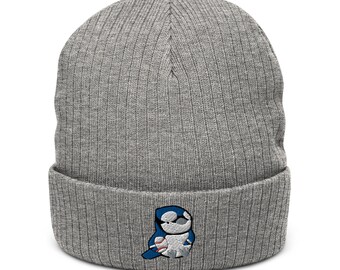 Blue Jay Ribbed Knit Beanie. Embroidered Hat with Blue Jay Bird Holding a Baseball. Colourful Toronto Toque