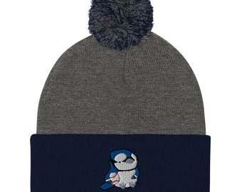 Blue Jay Pom-pom Beanie. Embroidered Winter Hat. Baseball Fan Gift. Toronto Bird Toque. Gift for Women. Christmas Gift. Canadian Present