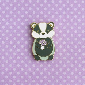 Badger holding Red Mushroom Enamel Pin. Badger Gift. Cute Woodland Animal Pin. Jacket and Backpack Pin for Animal Lovers. Mushroom Accessory Purple Mushroom