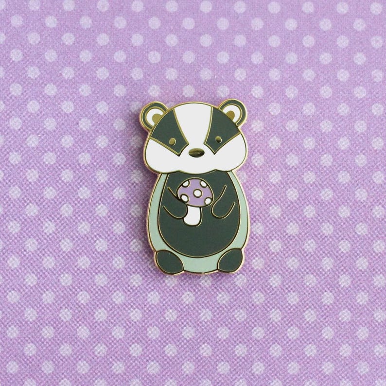 Badger holding Red Mushroom Enamel Pin. Badger Gift. Cute Woodland Animal Pin. Jacket and Backpack Pin for Animal Lovers. Mushroom Accessory Purple Mushroom