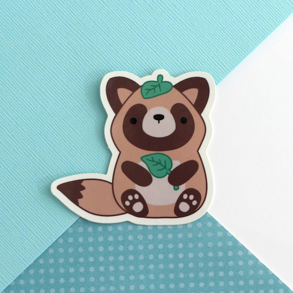 Tanuki Holding a Leaf Vinyl Sticker. Animal Lover Decal. Cute
