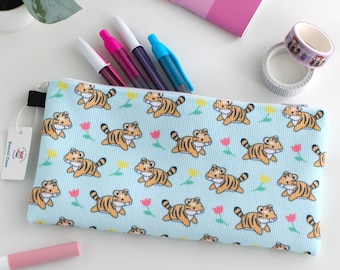 Tigers Pencil Case / Zipper Pouch. Tiger Pen Case. Leaping Tigers with Tulips Makeup Bag. Tiger Coin Purse. Cute Colourful School supplies