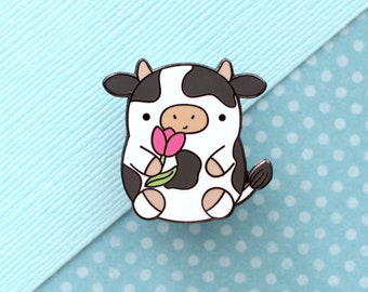 Cow Enamel Pin. Cute Cow Holding a Tulip. Backpack and Jacket Pin. Cow Accessory. Animal Lapel Pin. Bull Badge. Cow Gift. Kawaii Cow