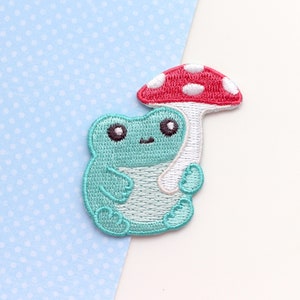 Cute Frog Patch for Jeans and Jackets. Embroidered Iron On Patch for Backpack. Applique Mushroom Frog Patch. Animal Custom Clothes Accessory