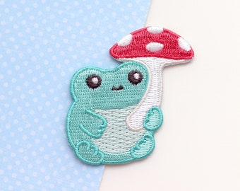 Cute Frog Patch for Jeans and Jackets. Embroidered Iron On Patch for Backpack. Applique Mushroom Frog Patch. Animal Custom Clothes Accessory