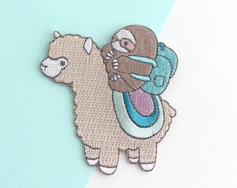 Embroidered Iron On Patch. Alpaca Denim Applique. Sloth Embroidered Patch For Backpack. Llama Patch for Jacket. Jeans Applique. Patch Sloth