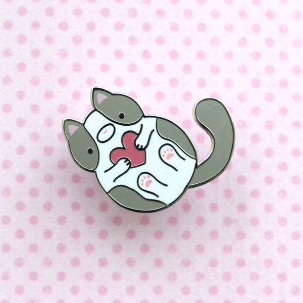 Grey and White Cat Enamel Pin. Kitty Jewelry. Gift For Cat Lover. Kawaii Cat Fashion Accessory. Cat Flair. Cute Heart Pin. Bicolor Cat Gift