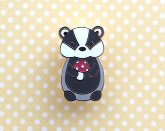 Badger holding Red Mushroom Enamel Pin. Badger Gift. Cute Woodland Animal Pin. Jacket and Backpack Pin for Animal Lovers. Mushroom Accessory