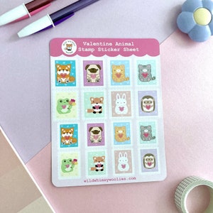 Feuille d'autocollants pour timbres de la Saint-Valentin. Feuille d'autocollants pour animaux. Autocollants En Papier Pour Lettres. Stickers coeurs. Stickers courrier heureux
