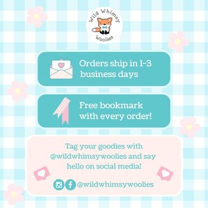 May include: A promotional graphic for Wild Whimsy Woolies, featuring a fox logo and text on a blue gingham background. The text includes "Orders ship in 1-3 business days" and "Free bookmark with every order!" Social media handles are also displayed.