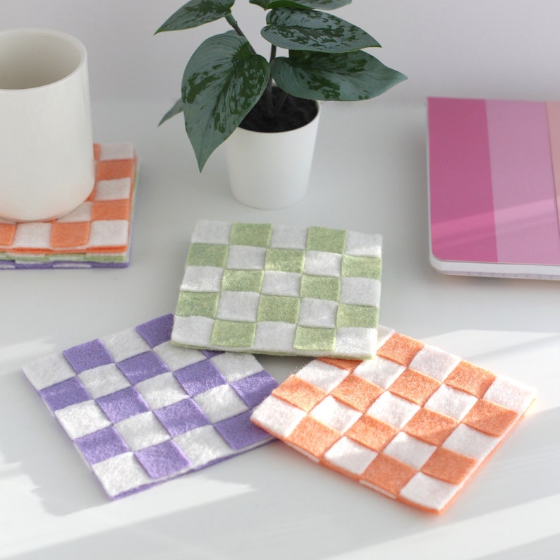 3 square felt checkered coasters (purple and white, green and white and orange and white)