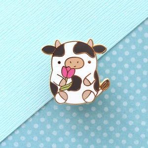 Cow Enamel Pin. Cute Cow Holding a Tulip. Backpack and Jacket Pin. Cow Accessory. Animal Lapel Pin. Bull Badge. Cow Gift. Kawaii Cow