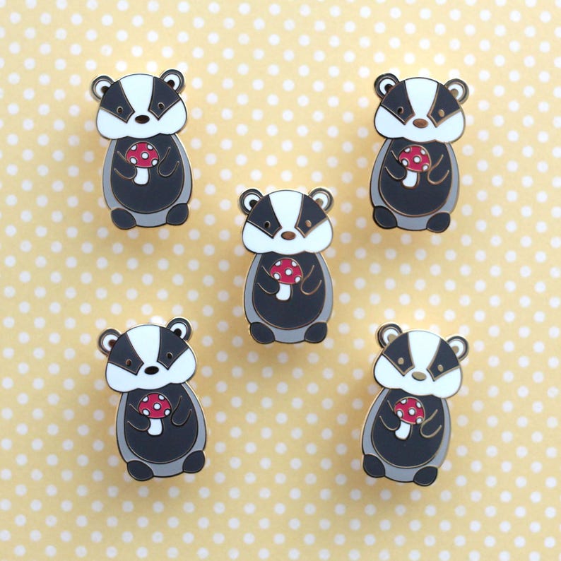 Badger holding Red Mushroom Enamel Pin. Badger Gift. Cute Woodland Animal Pin. Jacket and Backpack Pin for Animal Lovers. Mushroom Accessory image 2