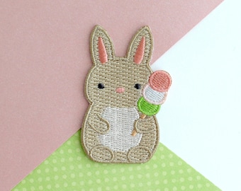 Bunny with Dango Embroidered Iron on Patch. Animal Eating Japanese Snack. Cute Rabbit Applique. Bunny Mochi Patch. Bunny Lover Gift
