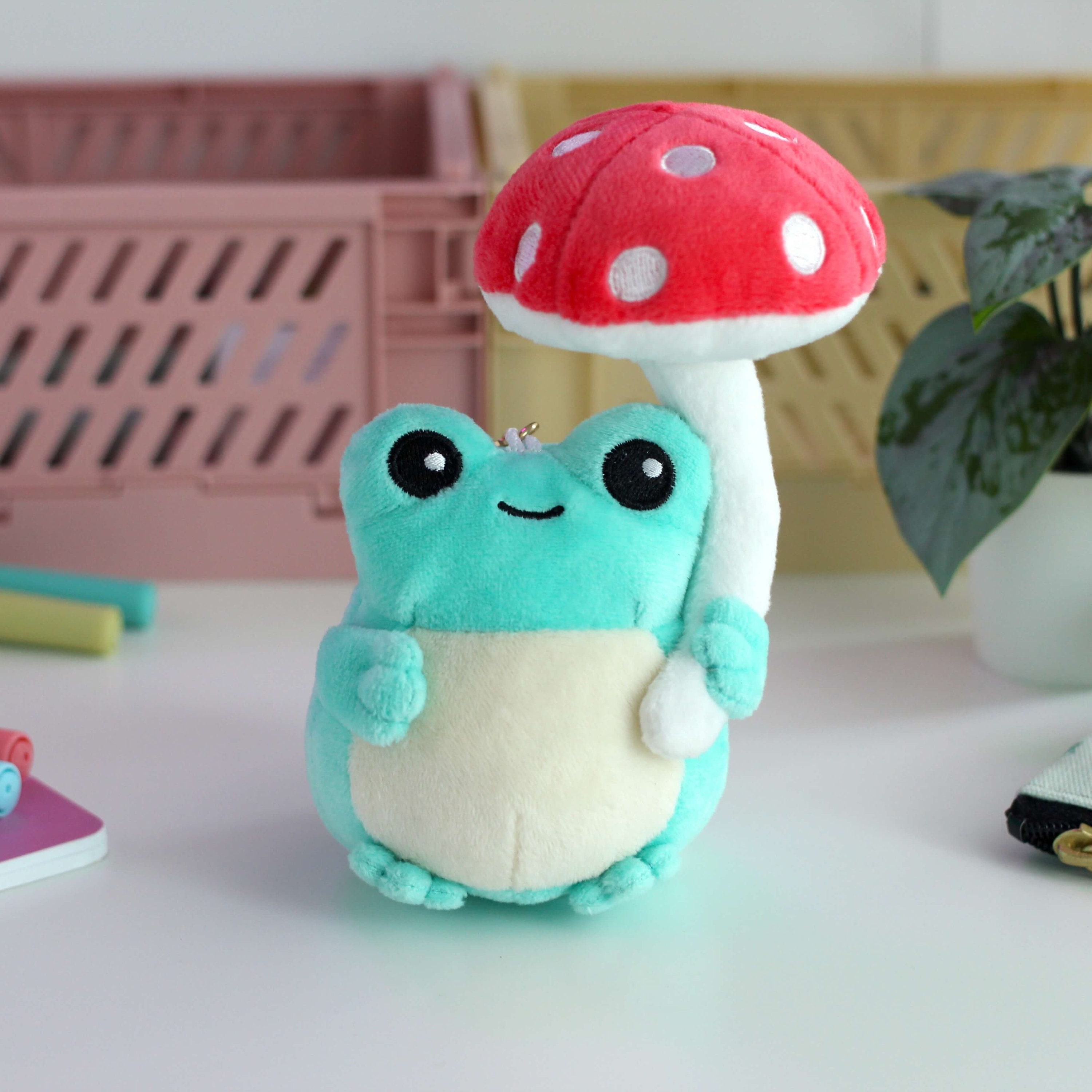 Mushroom Frog Plush Keychain. Cute Plushie Charm for Purse, Tote