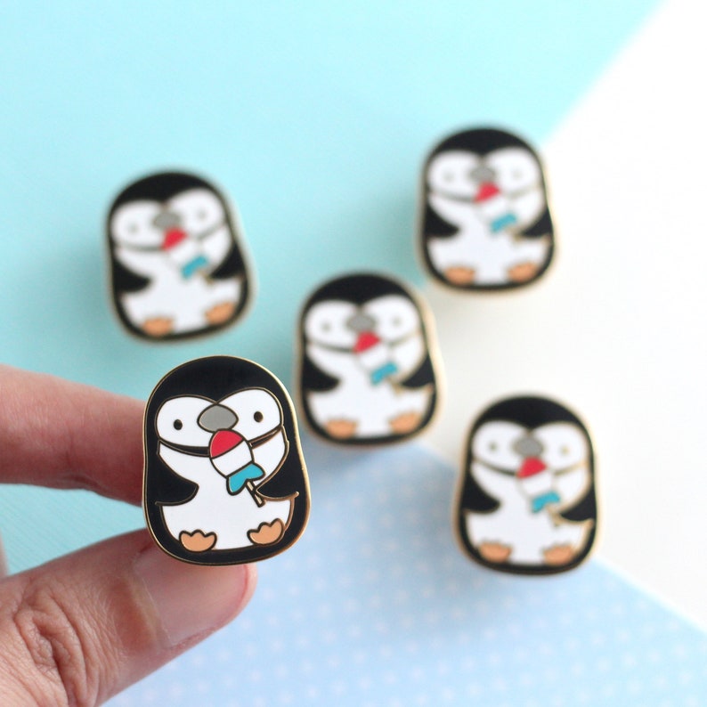 Cute Penguin Enamel Pin. Penguin Holding Rocket Fish Ice Pop Hard Enamel Pin. Kawaii Bird Jacket Pin image 2