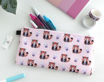 Red Pandas Pencil Case / Zipper Pouch. Red Pandas Makeup Bag. Animal Coin Purse. Red Panda w Boba Tea. Cute Pen Case. Pink Pencil Pouch