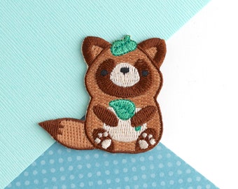 Tanuki Embroidered Iron On Patch. Japanese Raccoon with Green Leaf Embroidered Patch. Tanuki Applique for Jeans, Jackets, Tote Bags