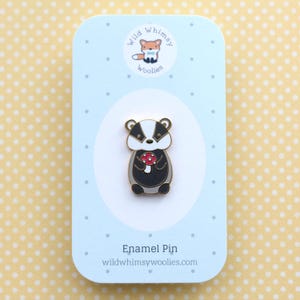 Badger holding Red Mushroom Enamel Pin. Badger Gift. Cute Woodland Animal Pin. Jacket and Backpack Pin for Animal Lovers. Mushroom Accessory image 4