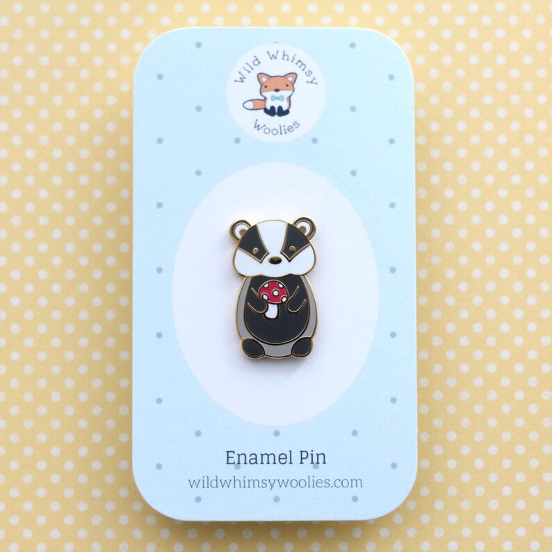 Badger holding Red Mushroom Enamel Pin. Badger Gift. Cute Woodland Animal Pin. Jacket and Backpack Pin for Animal Lovers. Mushroom Accessory image 4