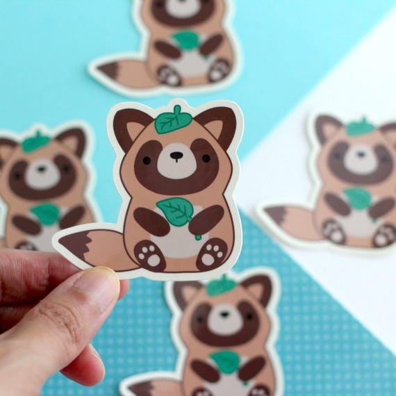 Tanuki Holding a Leaf Vinyl Sticker. Animal Lover Decal. Cute