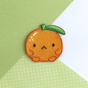 Pode incluir: Laranja bordada com um rosto de desenho animado fofo, com um caule e folhas verdes. A laranja é de cor laranja claro com uma superfície texturizada.