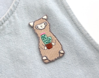 Cactus Alpaca Patch for Jackets. Embroidered Iron On Patch. Embroidered Patches for Backpacks. Cute Patches for Jeans. Applique Llama Patch