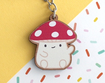 Mushroom Wooden Keychain. Cottagecore Wood Charm. Mushroom Wood Keychain. Red Cap Wooden mushroom. Mushroom Gift. Funny Mushroom Accessory