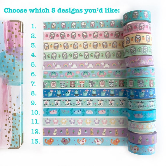 Washi Tape Set: Choose 5 Colourful Animal Washi Tapes. Cute Stationery Set.  Journaling, Scrapbooking Supplies 